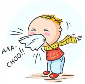 illustration of person sneezing with the word AAA-CHOO!!